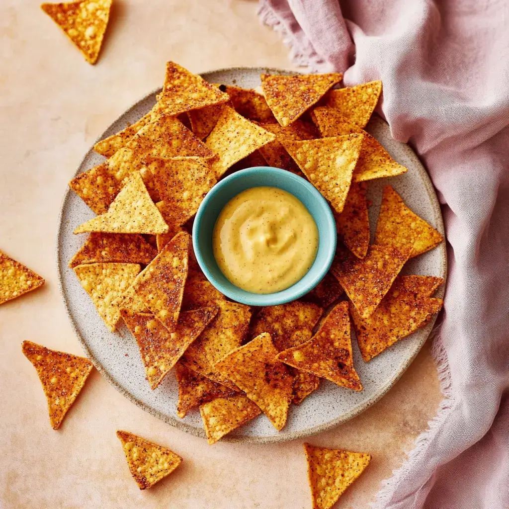 Un plato lleno de crujientes chips de tortilla, acompañado de un bol pequeño con una cremosa salsa amarilla.