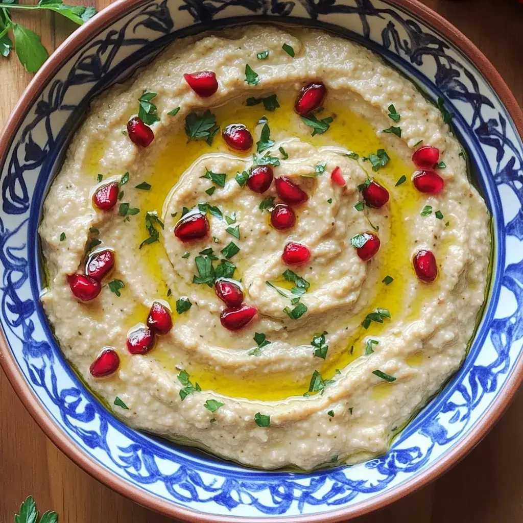 Un plato atractivo de hummus decorado con granada, perejil fresco y aceite de oliva, colocado en una vajilla elegante.