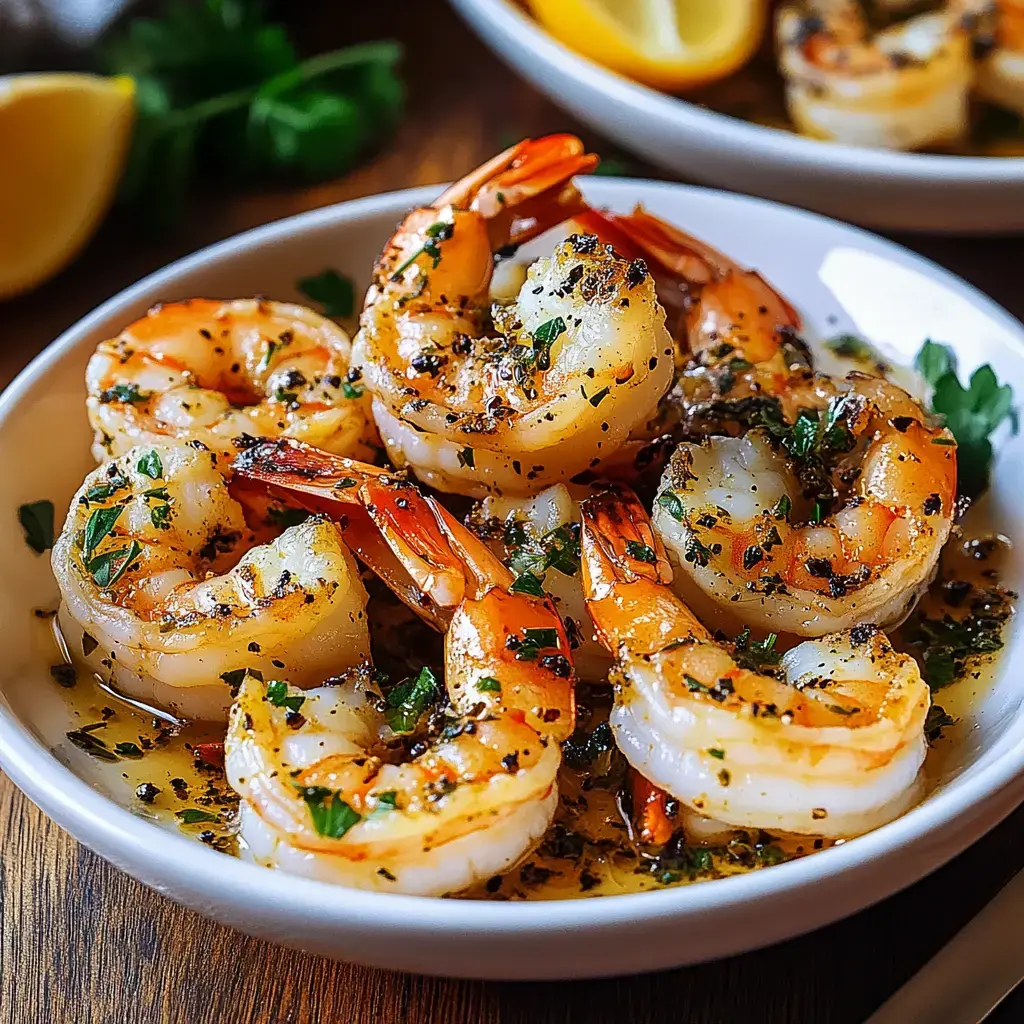 Un plato con gambas horneadas, decoradas con hierbas y limón.