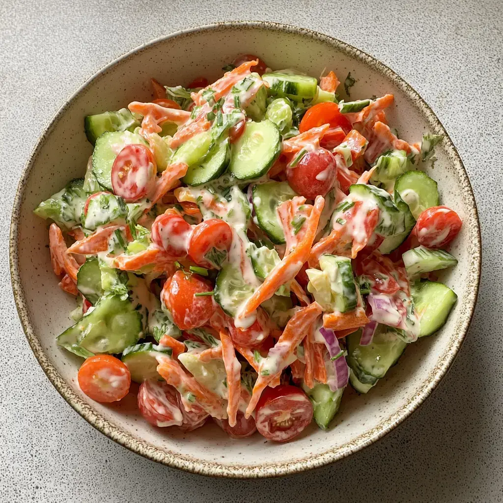 Una ensalada fresca con tomate, pepino, zanahorias y cebolla, bañada en un aderezo cremoso.