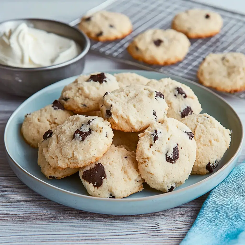 Plato con galletas recién horneadas llenas de trozos de chocolate y un cuenco de crema al fondo.