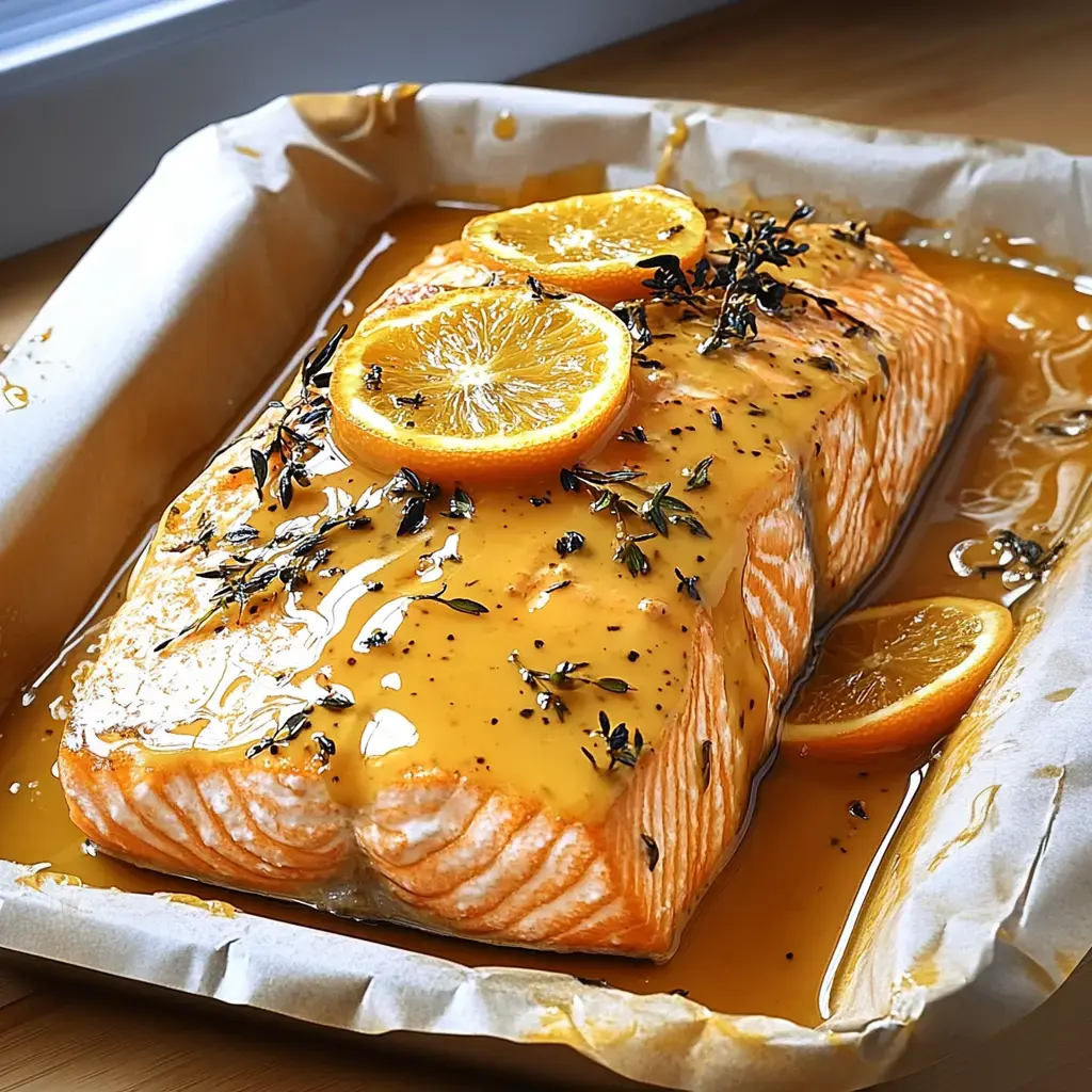 Un filete de salmón con glaseado de miel, naranja y mostaza, decorado con hierbas frescas y rodajas de naranja en una fuente para horno.