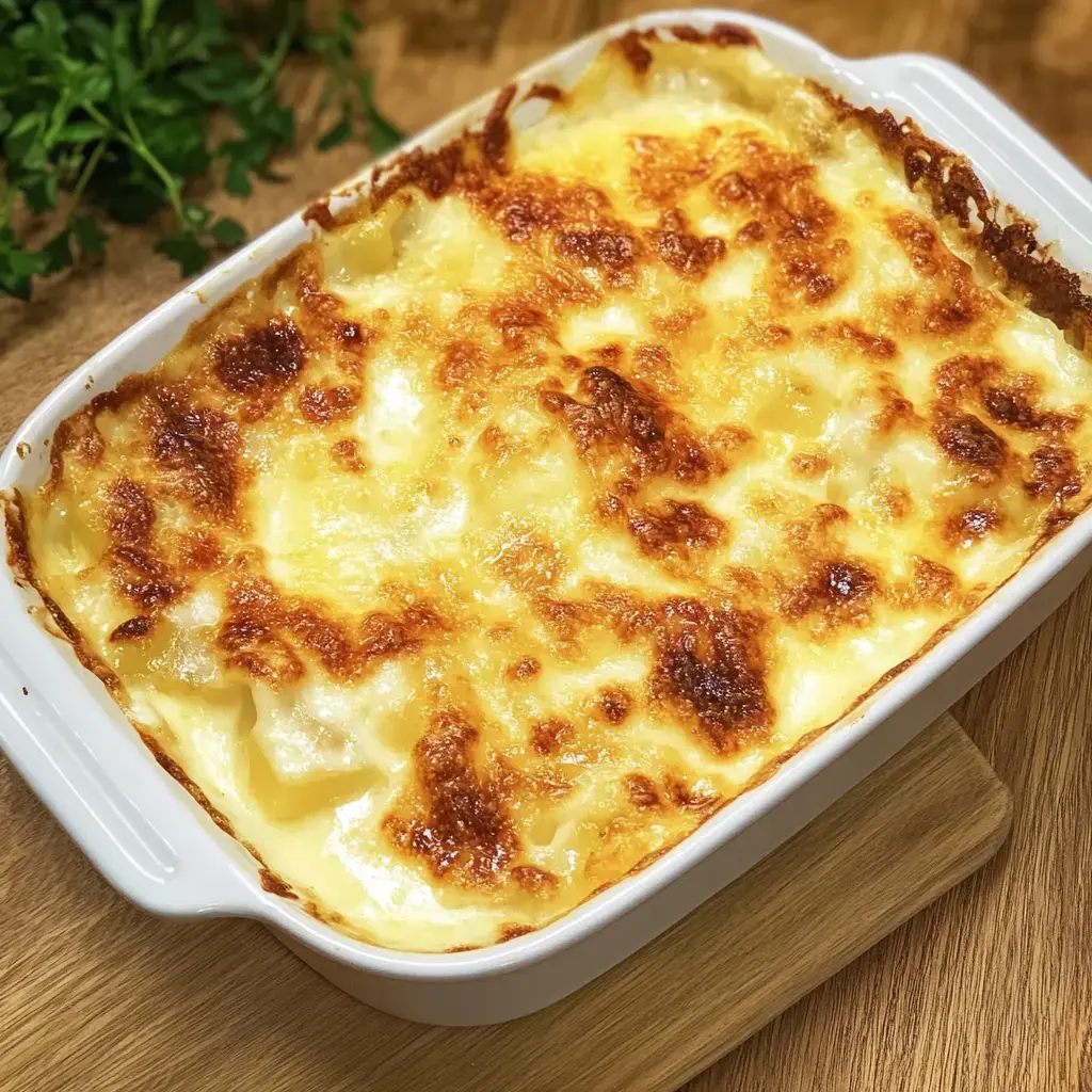 Un gratinado de papas dorado servido en una fuente blanca, sobre una mesa de madera.
