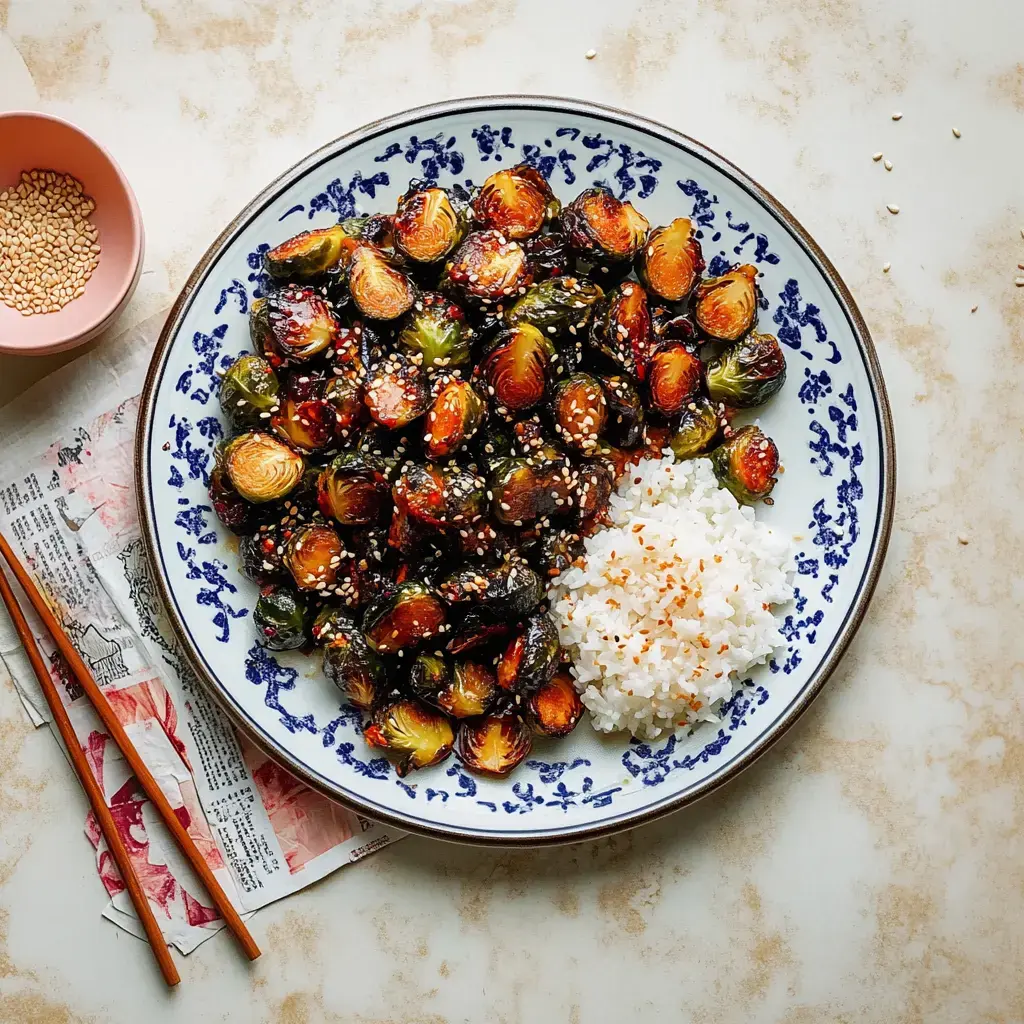 Un plato con rosenkohl tostado y arroz, decorado con sésamo y servido en un plato elegante.