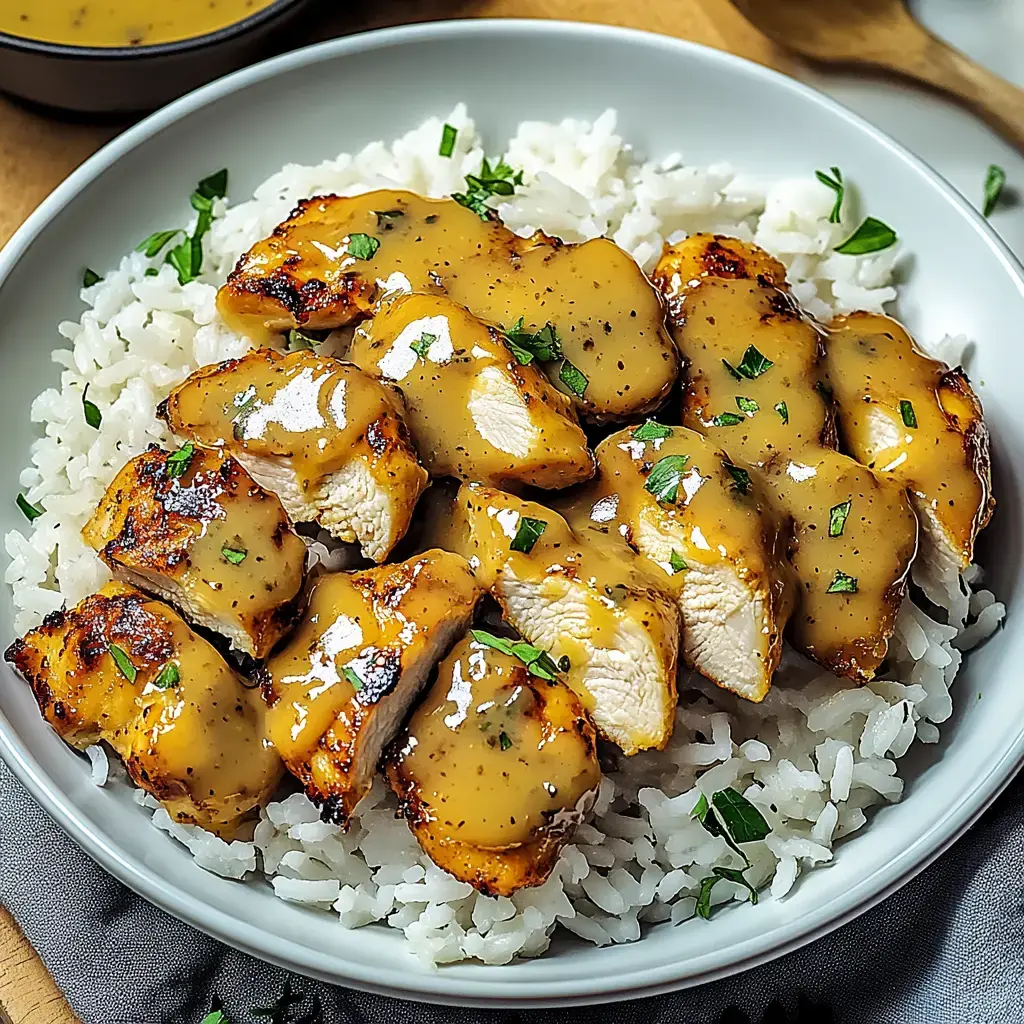Un plato con trozos dorados de pollo cocinados en una salsa cremosa, servidos sobre arroz blanco y decorados con hierbas frescas.