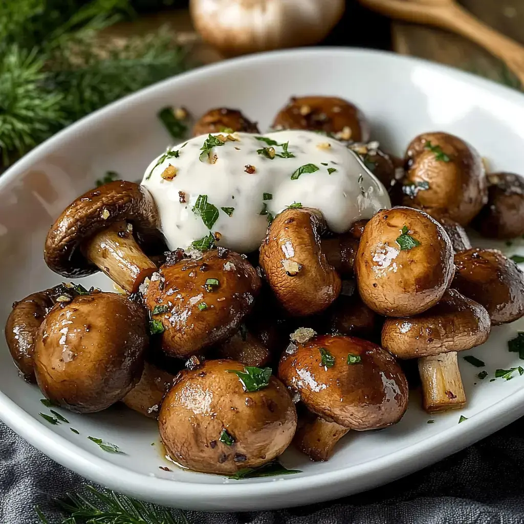Un plato de champiñones salteados en mantequilla, adornados con perejil fresco y un toque de crema.