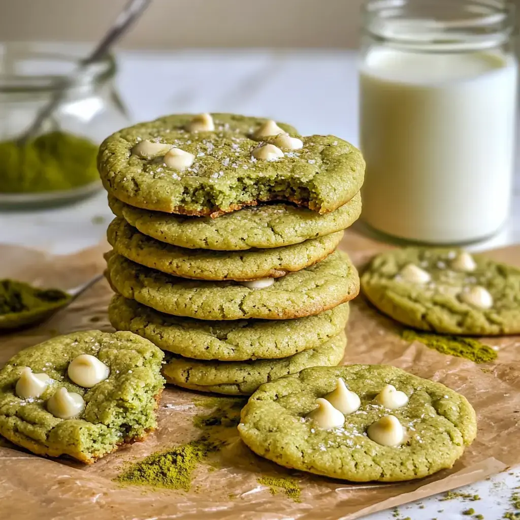 Un montón de galletas verdes con trozos de chocolate blanco y un vaso de leche al fondo.