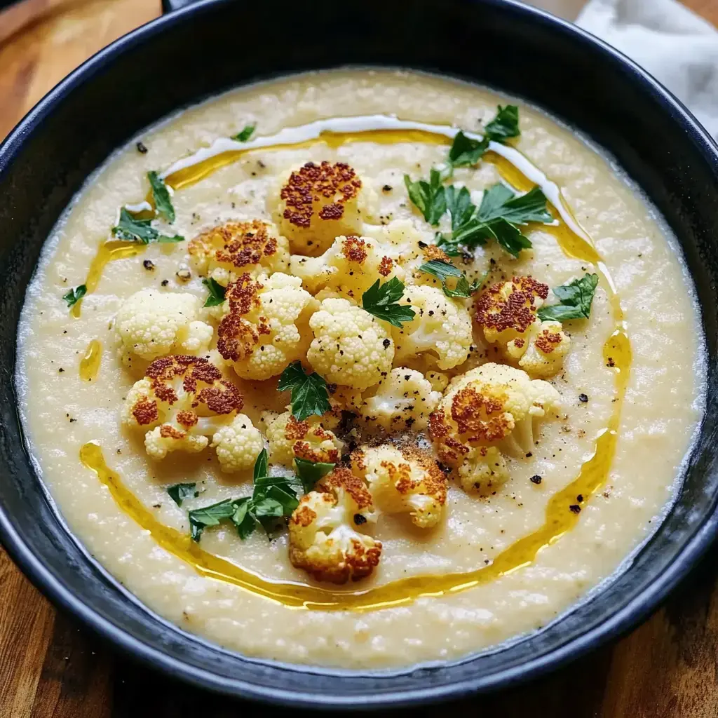 Un cuenco de sopa cremosa de coliflor con trozos de coliflor asada, perejil fresco y un toque de aceite de oliva.