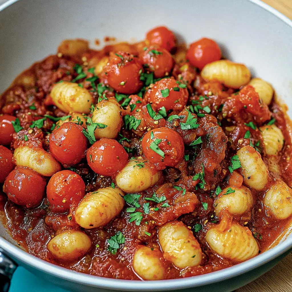 Un plato de gnocchi en una salsa de tomate, decorado con cilantro fresco y tomates cherry rojos.