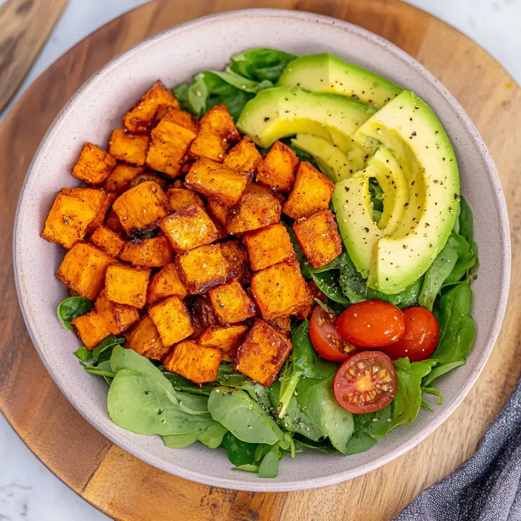 Un bowl lleno de trocitos de papas al horno, aguacate, tomatitos cherry y rúcula.