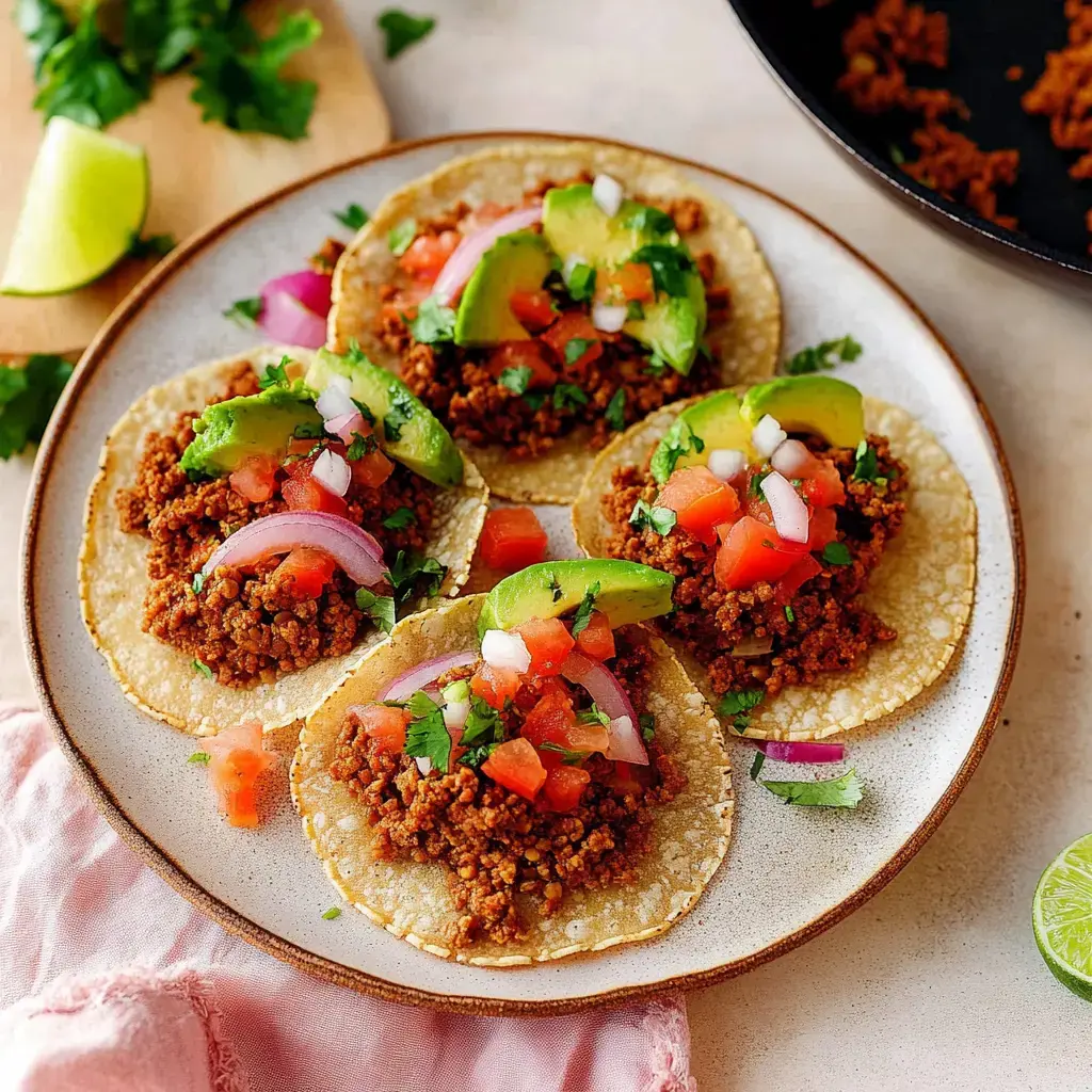 Un plato con varios tacos rellenos de carne sazonada, tomates frescos, aguacate, cebolla y cilantro.