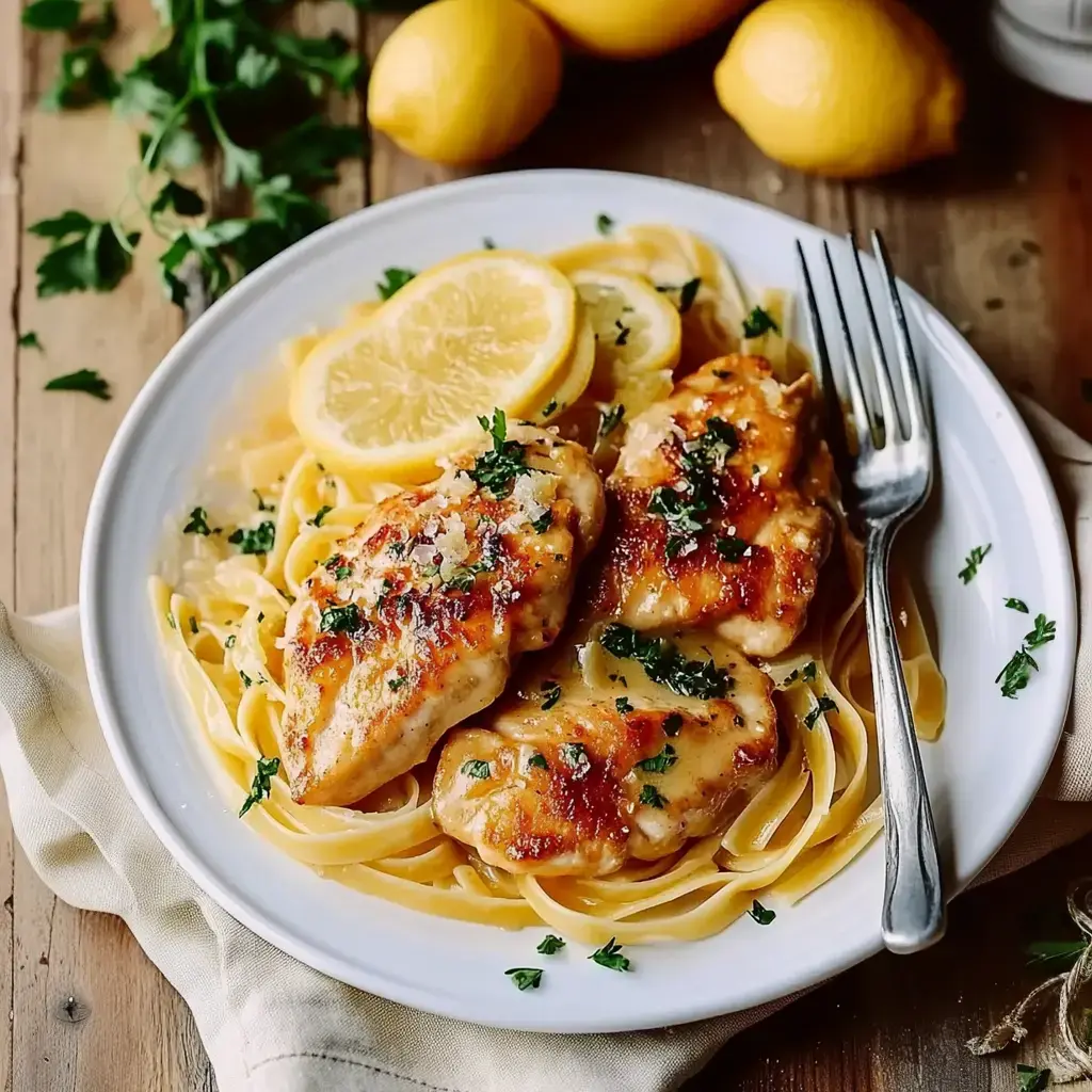 Un plato con pollo dorado sobre fettuccine, decorado con rodajas de limón y perejil fresco.