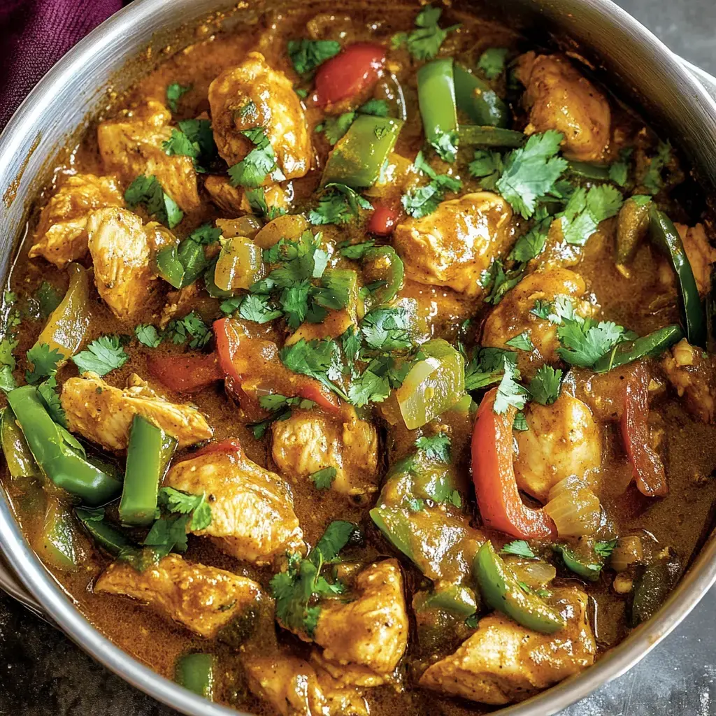Una sartén con pollo aromatizado, vegetales coloridos y cilantro fresco.