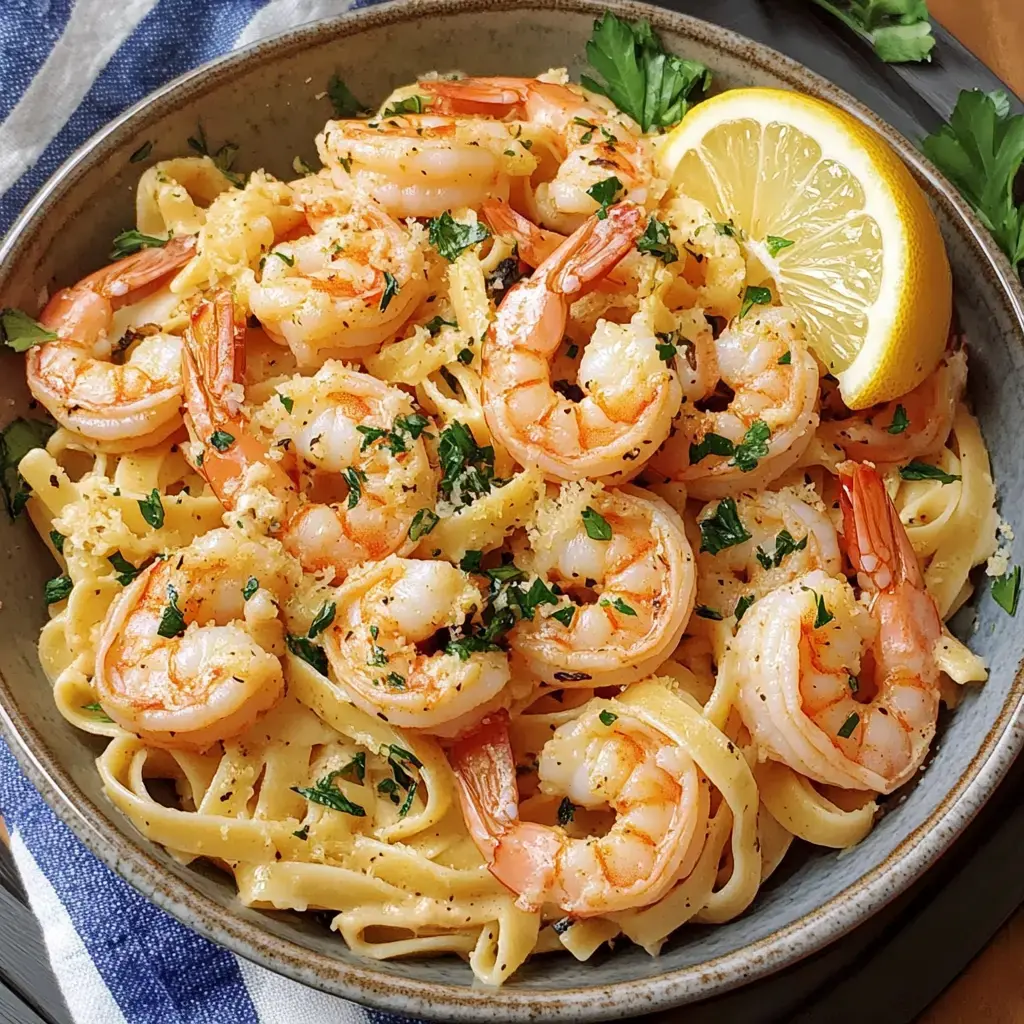 Un plato de linguine con camarones dorados, perejil fresco y una rodaja de limón.