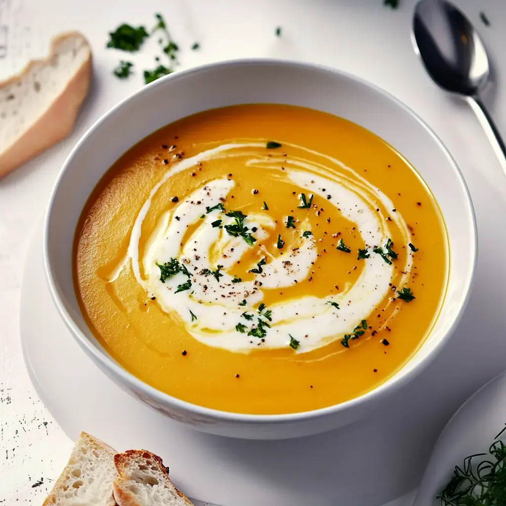 Un plato de sopa de verduras con crema, hierbas frescas y pimienta, acompañado de un trozo de pan.