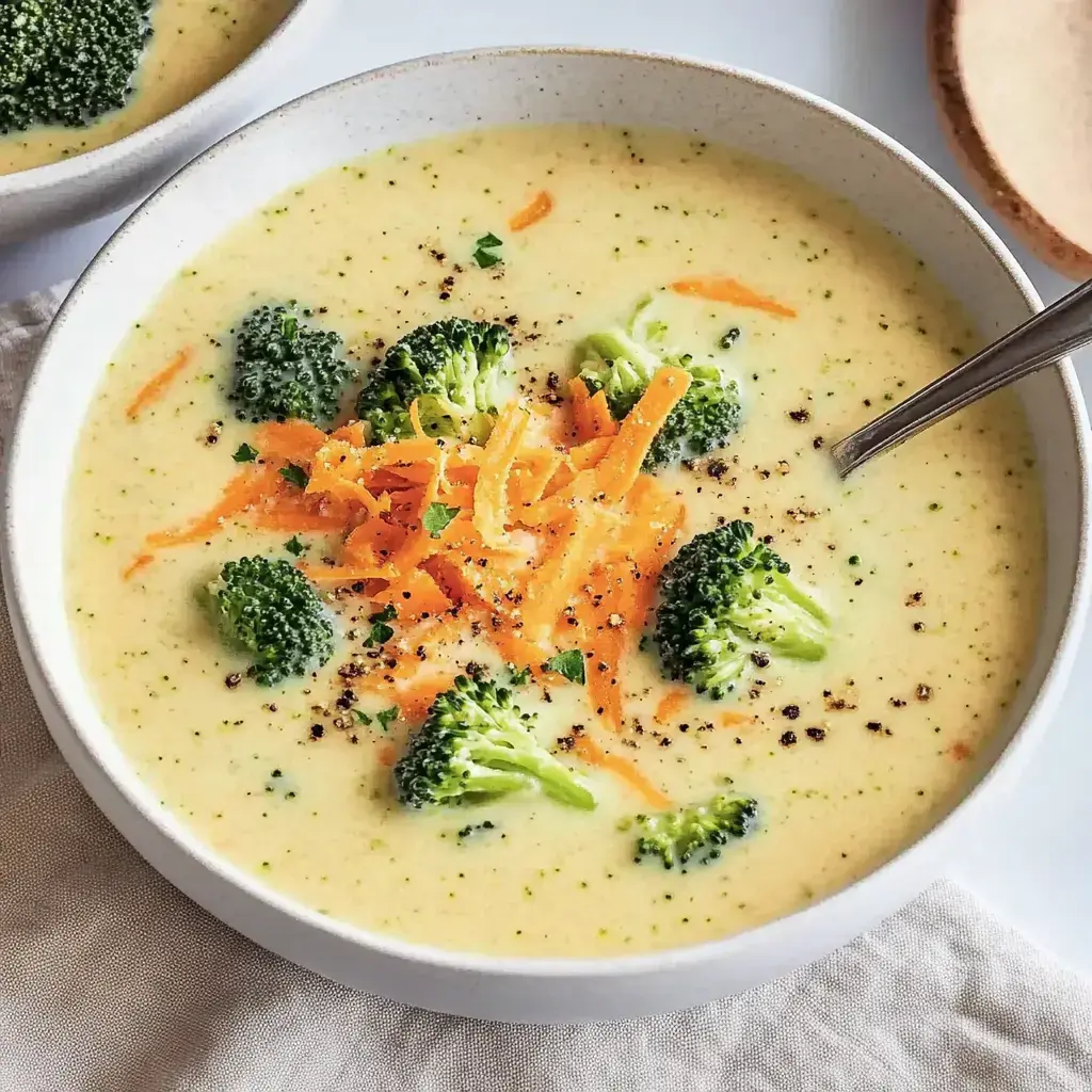 Un plato de sopa de brócoli y zanahorias decorado con queso rallado y pequeños trozos de brócoli.