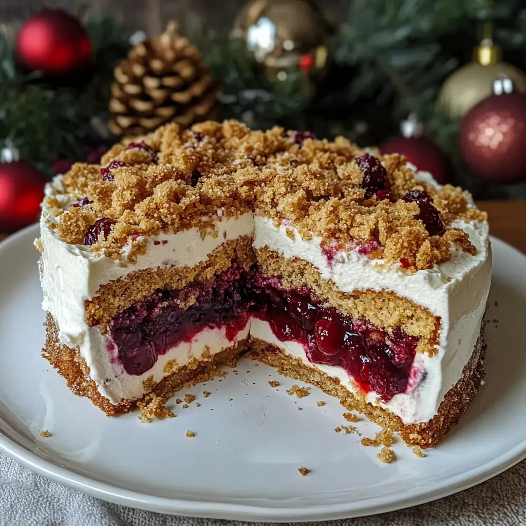 Una tarta de varias capas hecha con crema, relleno de cerezas rojas y base de galletas, adornada en ambiente festivo.
