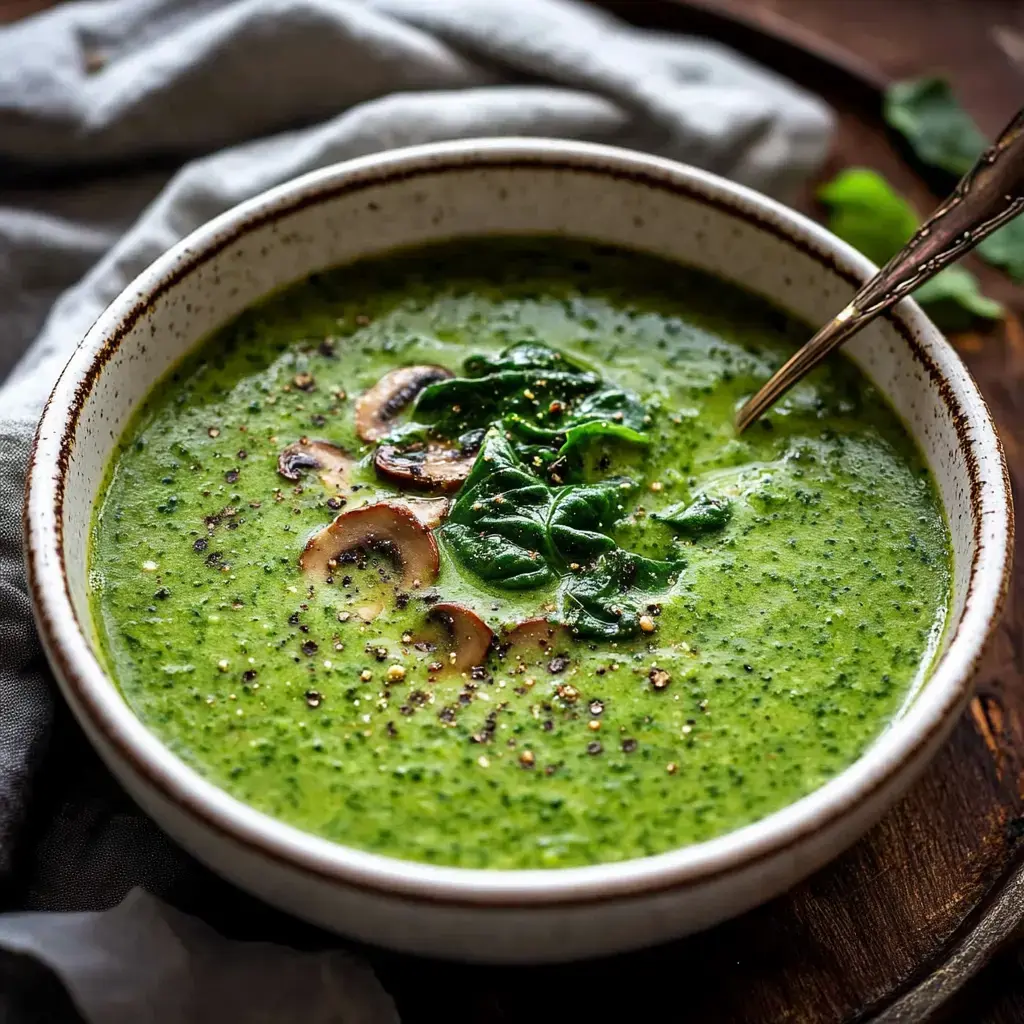 Un tazón de sopa verde con espinacas frescas y setas de adorno, colocado sobre una mesa de madera.