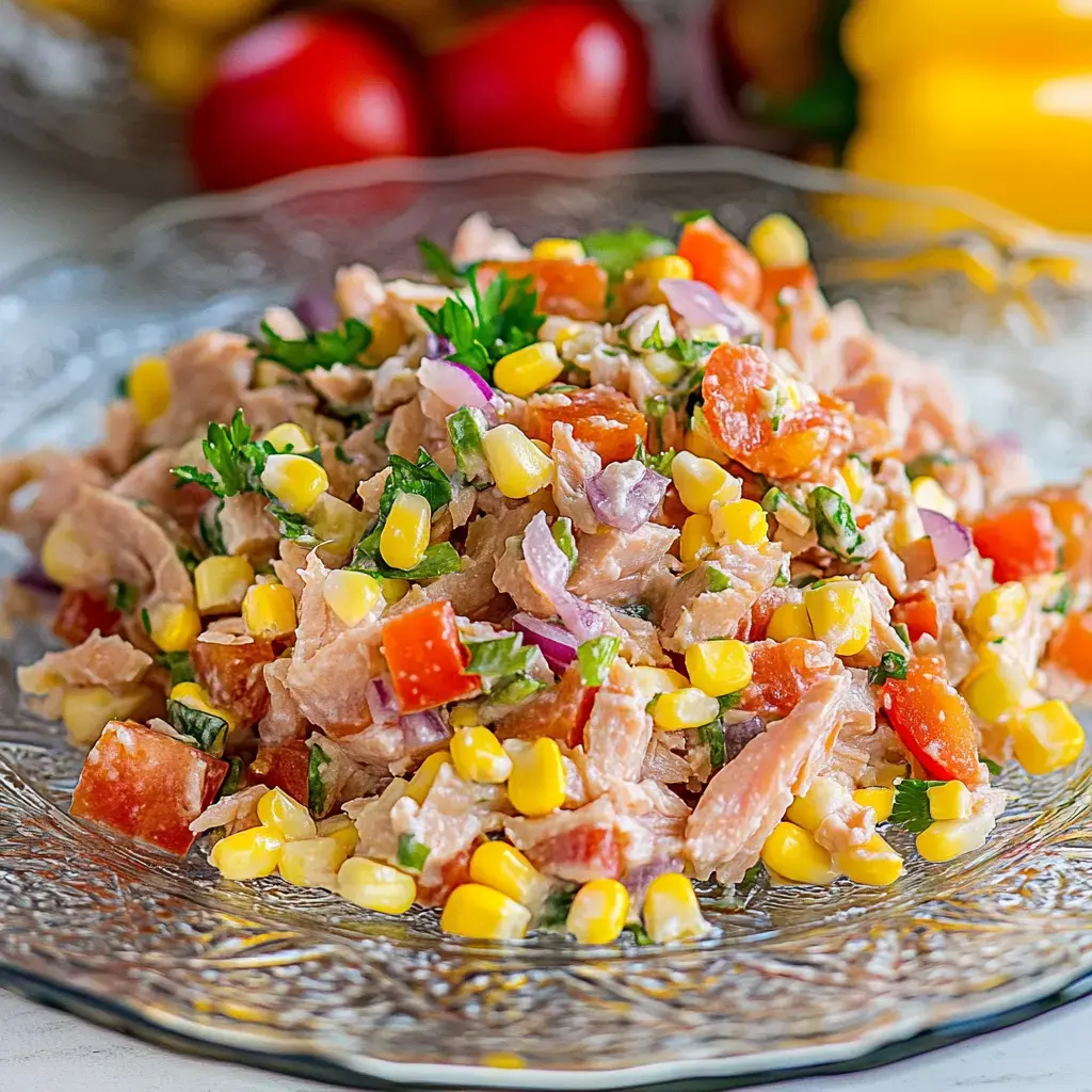 Una colorida ensalada con atún, maíz, tomates, cebollas y hierbas frescas en un plato elegante.