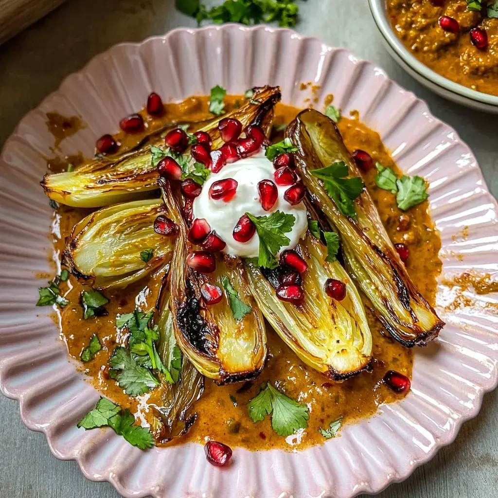 Mitades de vegetales asados en un plato rosa, decorados con yogur, semillas de granada y cilantro fresco en una cremosa salsa.