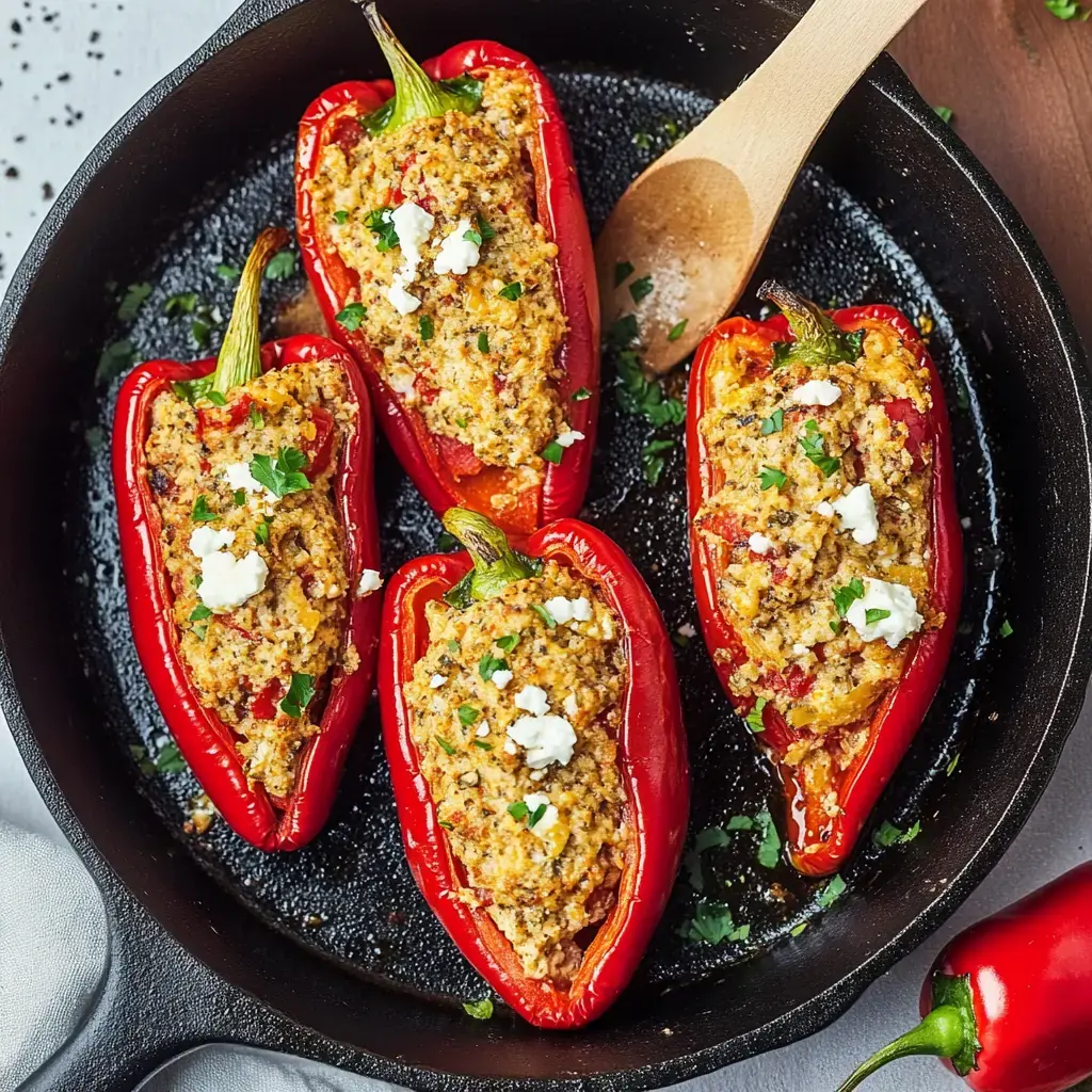 Pimientos rojos rellenos con una mezcla dorada de quinoa y queso feta, servidos en una sartén de hierro fundido.
