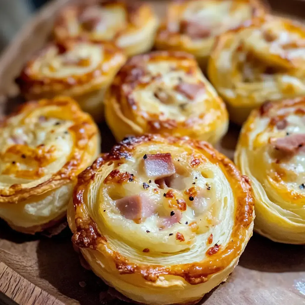 Tablita de madera con rollitos dorados de hojaldre rellenos de jamón y queso.