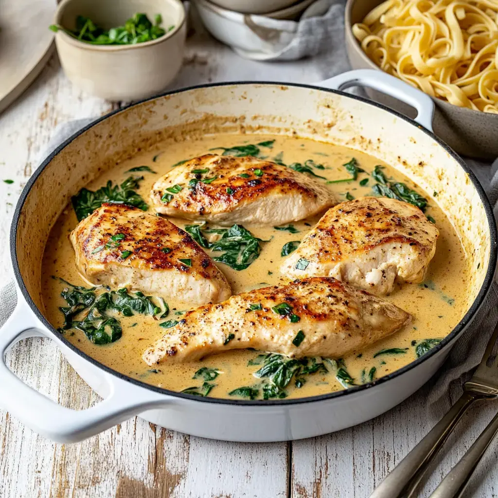 Una sartén con filetes de pollo en una cremosa salsa de espinacas, rodeado de hierbas frescas y un bol de pasta al fondo.
