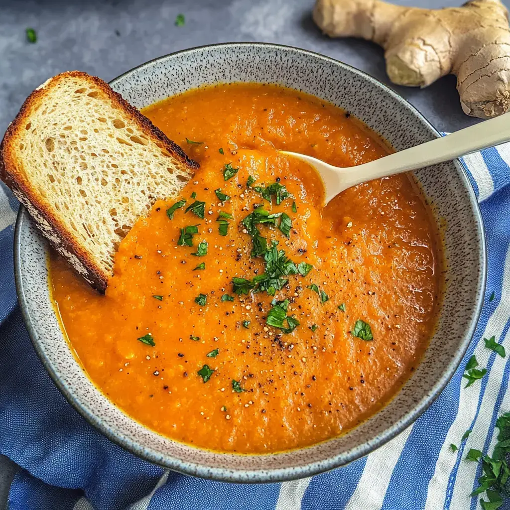 Un plato de sopa de zanahoria cremosa adornado con perejil fresco y pan tostado al lado de jengibre fresco.