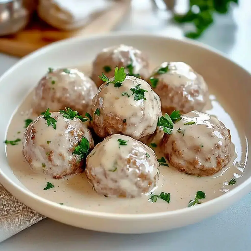 Albóndigas en salsa cremosa decoradas con perejil fresco en un plato blanco.