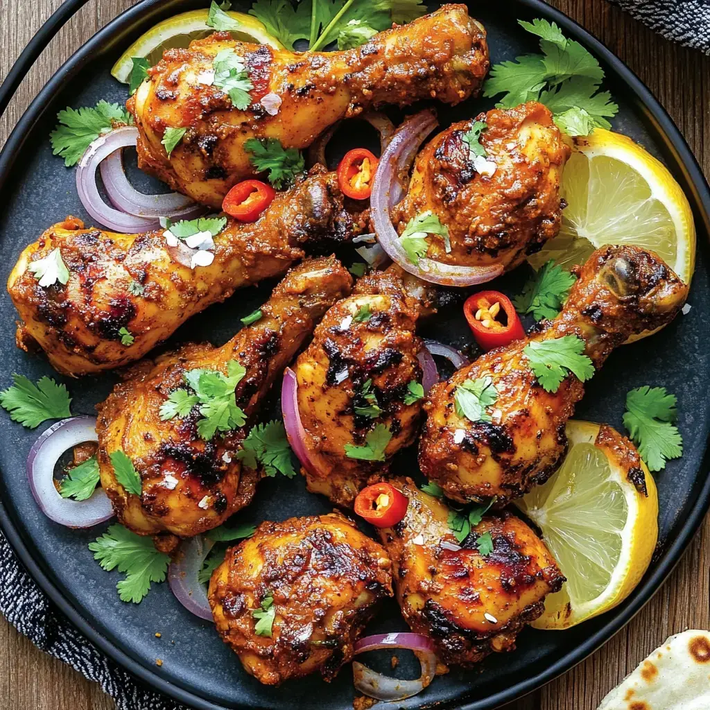 Un plato negro con muslos de pollo a la parrilla, decorado con cilantro fresco, cebollas rojas, chiles y rodajas de limón.
