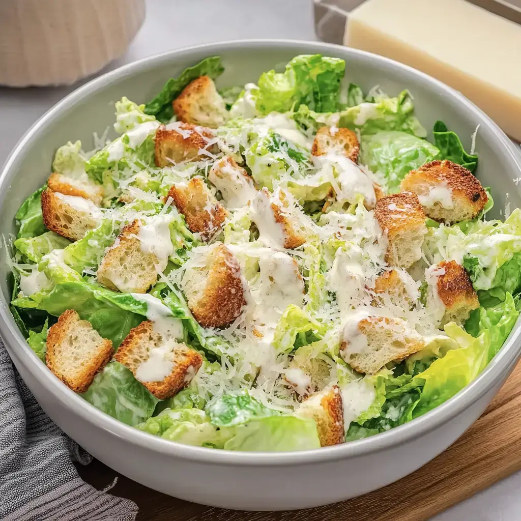 Una Ensalada Caesar recién preparada con lechuga romana, croûtons y parmesano presentada en un bol amplio.