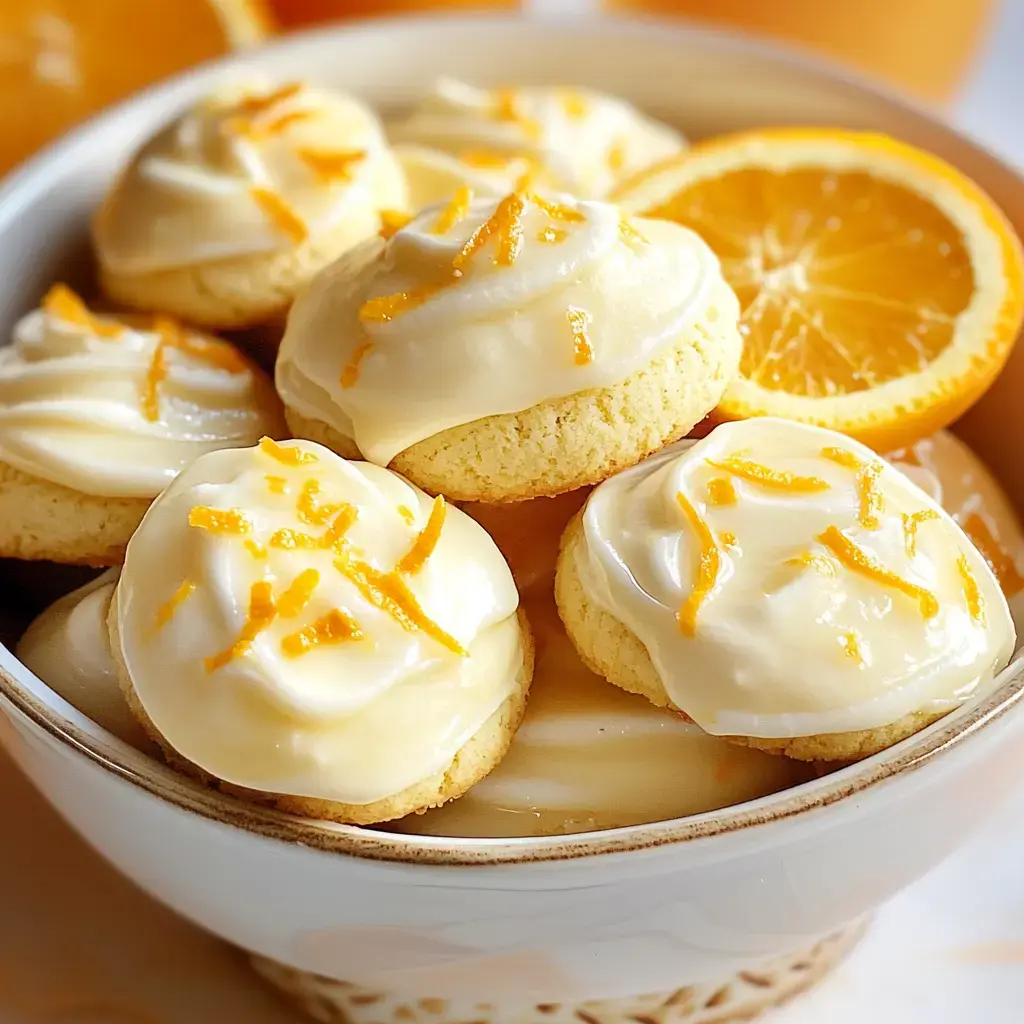 Un tazón con galletas recién horneadas decoradas con glaseado cremoso y ralladura de naranja.