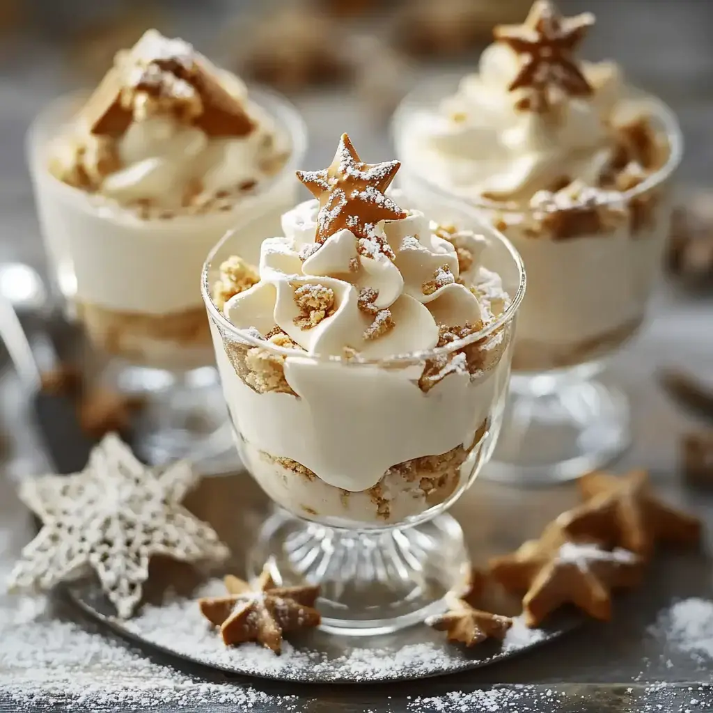 Tres vasos con capas de nata y migas de galleta, decorados con una estrella de azúcar y azúcar glas.
