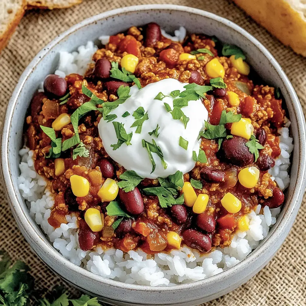 Un tazón con arroz acompañado de una mezcla de chili con frijoles, maíz y un toque de crema, decorado con cilantro fresco.