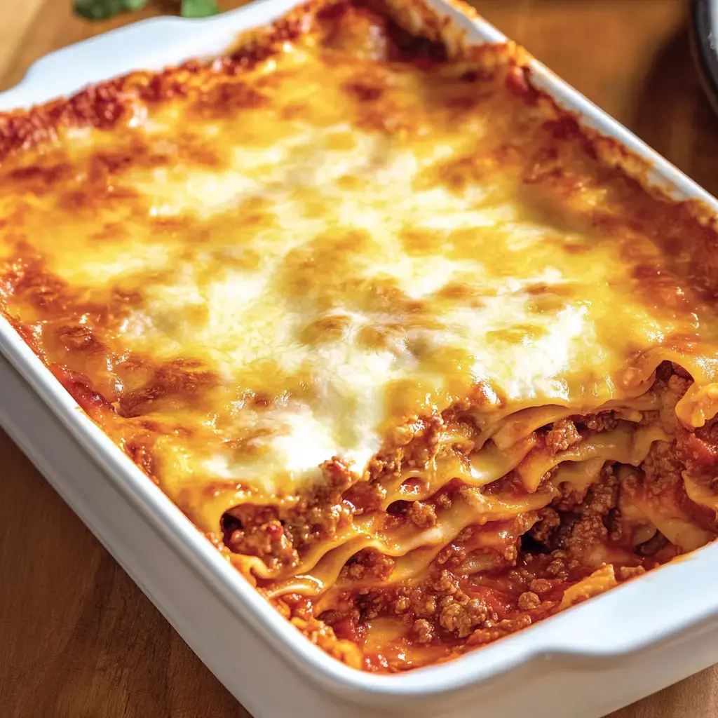 Lasaña caliente con queso derretido y relleno de carne en una fuente blanca.