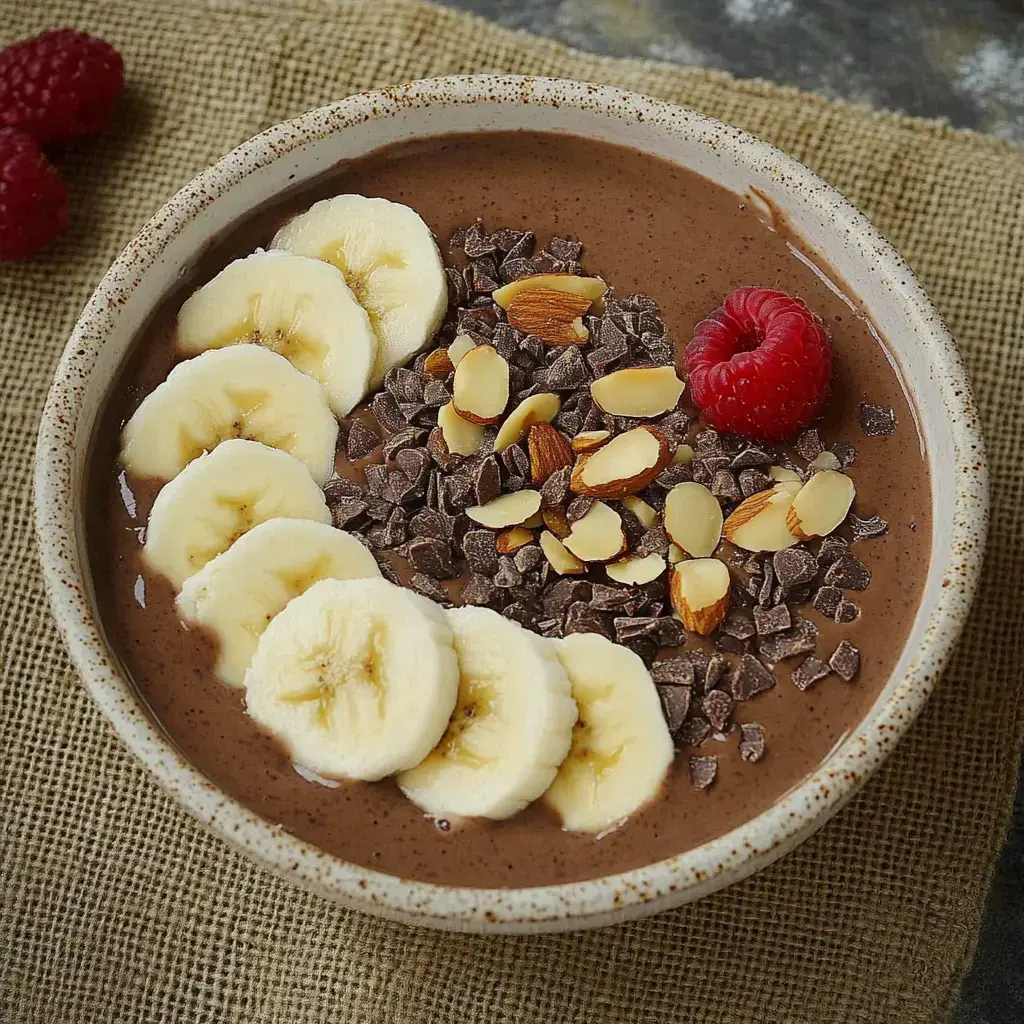 Un bowl de chocolate decorado con rodajas de plátano, trozos de chocolate, almendras laminadas y una frambuesa.