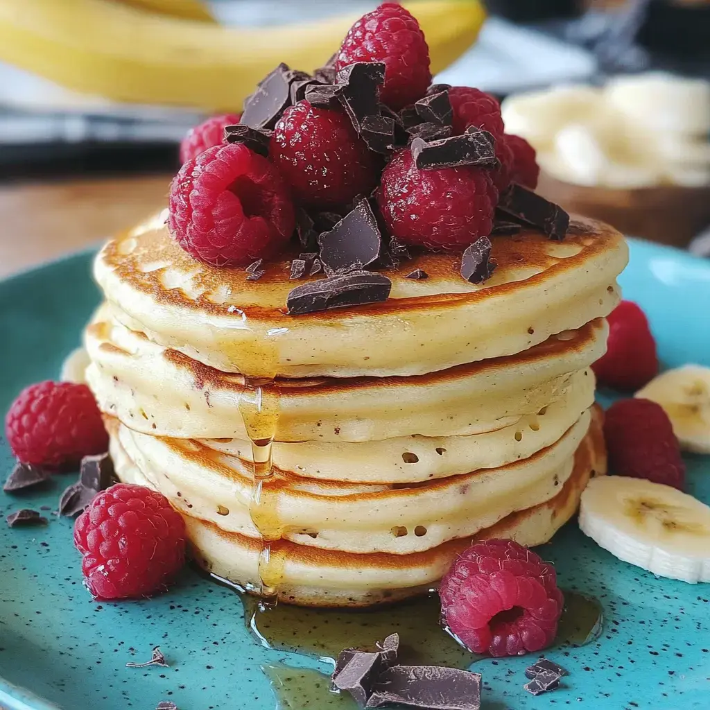 Una pila de pancakes esponjosos decorados con frambuesas frescas, trocitos de chocolate y un toque de jarabe servidos en un plato azul.