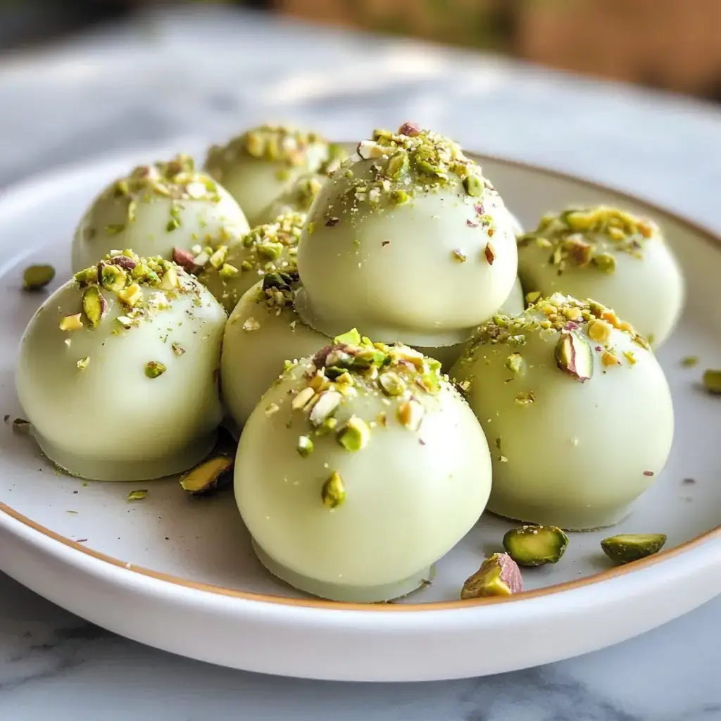 Un plato con dulces redondos verdes, decorados con pistachos picados.