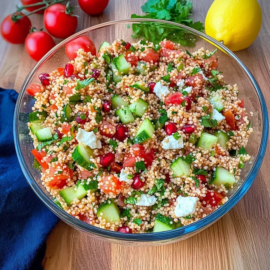 Un tazón colorido de ensalada de couscous decorado con pepinos, tomates, granada, hierbas y queso feta, con tomates cherry y limón al fondo.