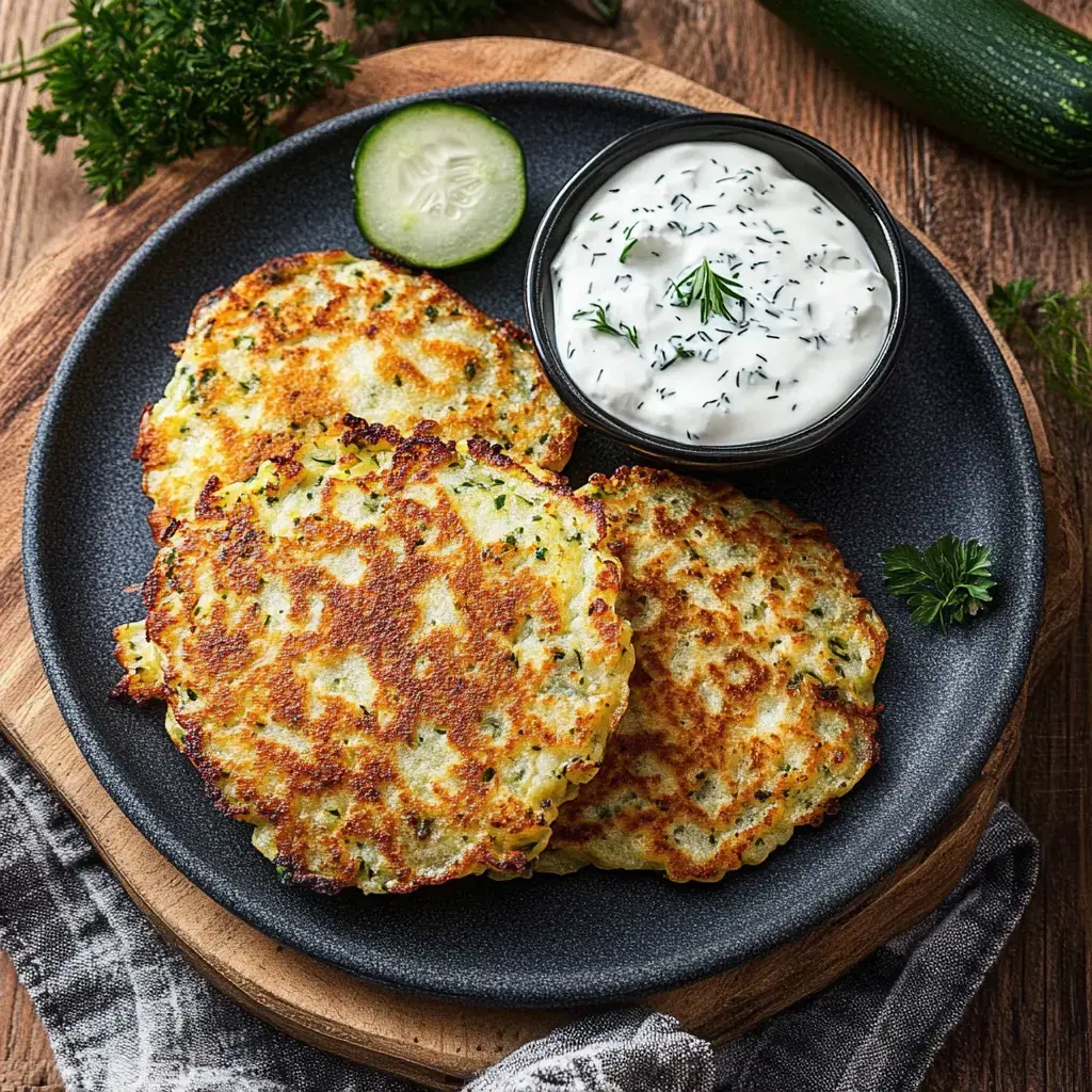 Tres puffer crujientes de zucchini en un plato, junto a un pequeño bowl de dip cremoso con eneldo y una rodaja de pepino.