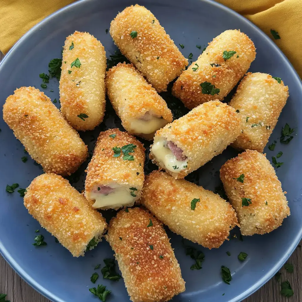 La imagen muestra crocantes rollos dorados con relleno de queso derretido y jamón, servidos en un plato azul y decorados con perejil fresco.