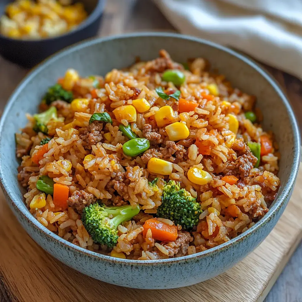 Un plato con arroz frito, vegetales mixtos, carne molida y maíz.