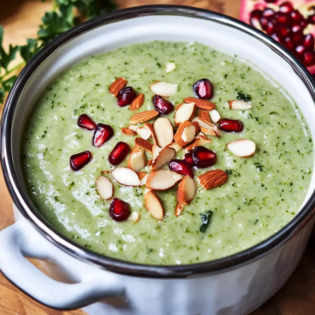 Un bol con sopa verde, decorado con almendras y granada en una base de madera.
