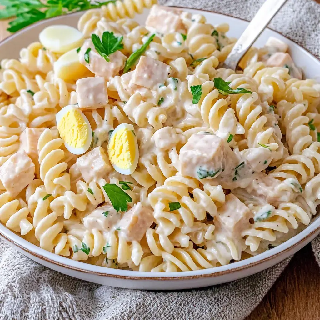 Un plato con deliciosos fusilli en una salsa cremosa, con trocitos de salchicha, perejil fresco y huevos cocidos.