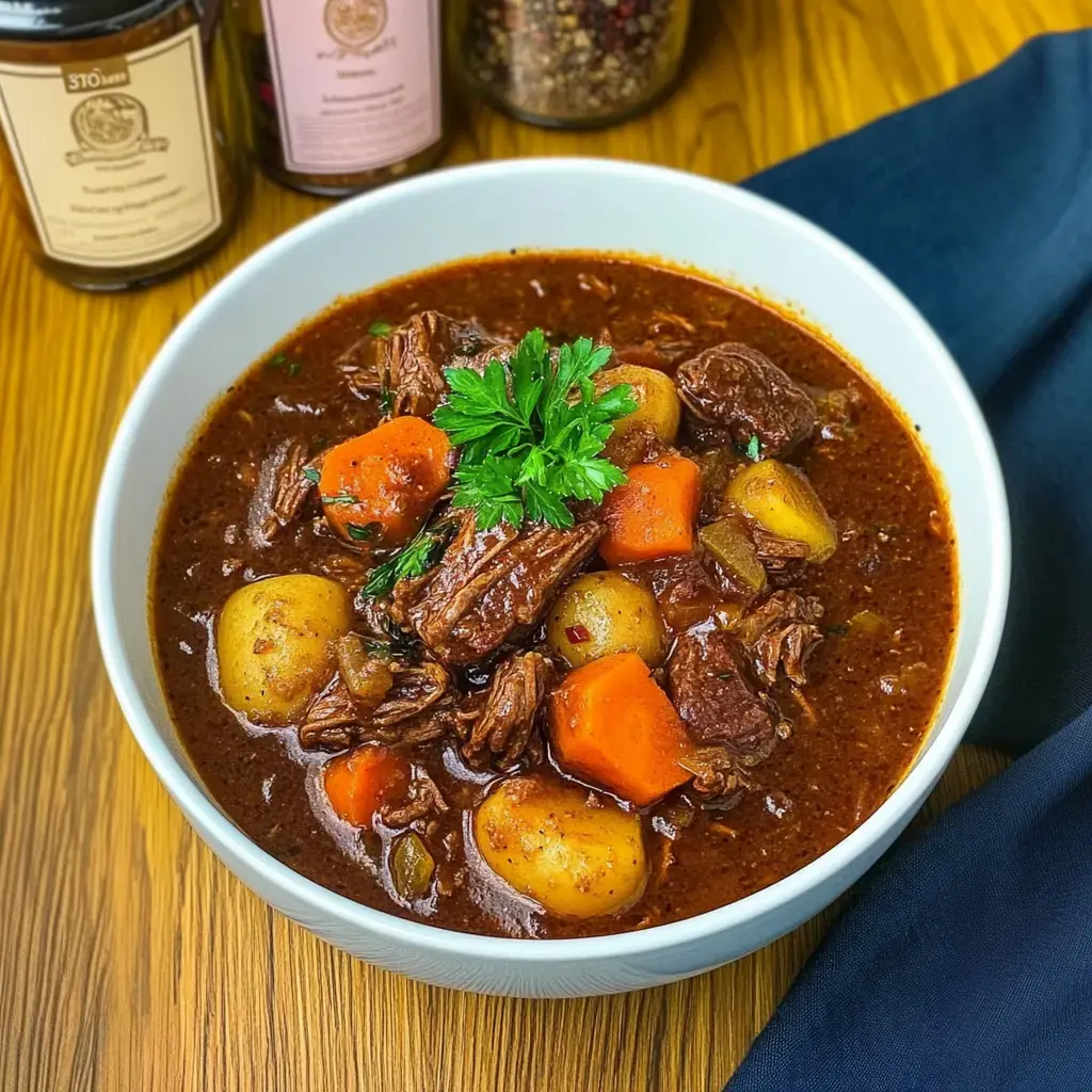 Un plato de estofado de carne con trozos de zanahorias y papas, adornado con perejil fresco, sobre una mesa de madera.