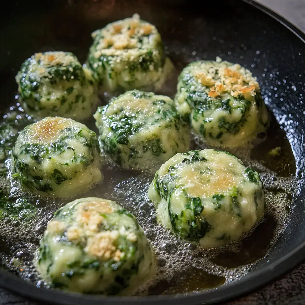 Knödel de espinacas dorándose en mantequilla en una sartén.