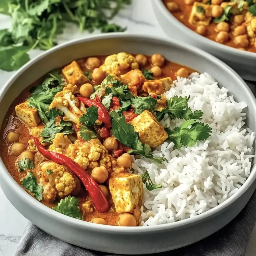Plato de arroz acompañado con un guiso de coliflor, garbanzos y tofu, decorado con cilantro fresco y chiles rojos.