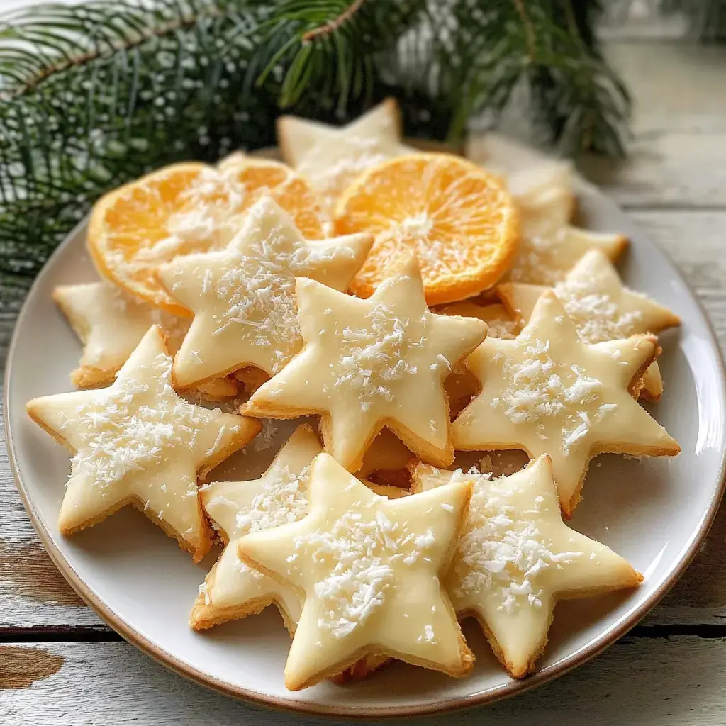 Un plato con galletas en forma de estrella decoradas con glaseado blanco y coco rallado, acompañado de rodajas de naranja seca y ramas de pino al fondo.