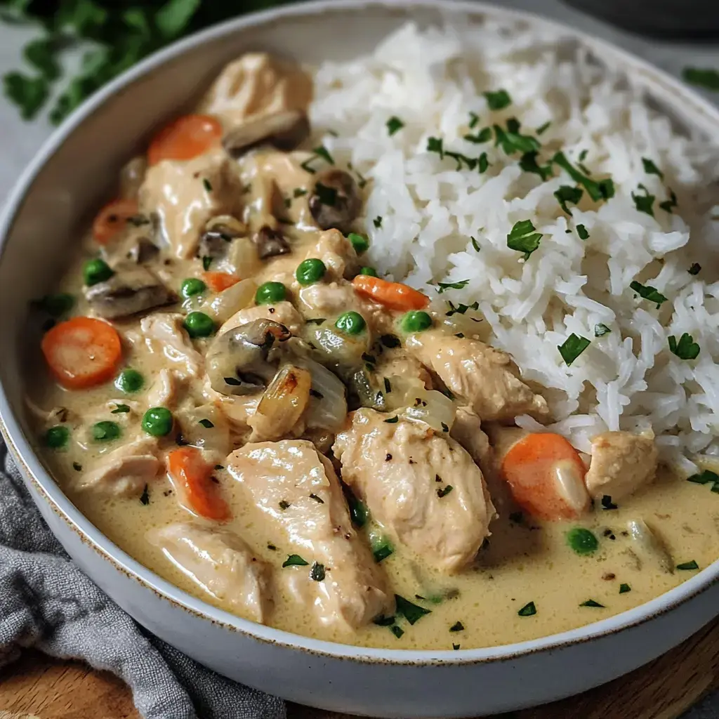 Un plato cremoso de pollo servido con zanahorias, guisantes, champiñones y arroz al lado.