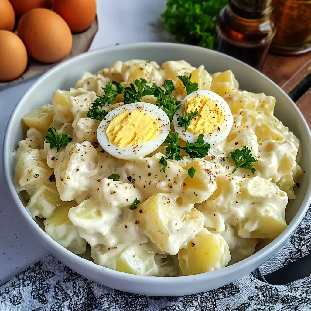 Un plato de ensalada de patatas con mayonesa, decorado con rodajas de huevo duro y perejil fresco.